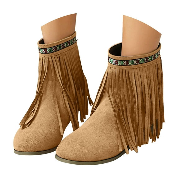 Leozcaa Cowboy Ankle Boots Women Tassel Western Booties Chunky Heel Suede Fringe Slip On Short Boots