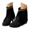 thumbnail image 1 of Leozcaa Cowboy Ankle Boots Women Tassel Western Booties Chunky Heel Suede Fringe Slip On Short Boots, 1 of 9