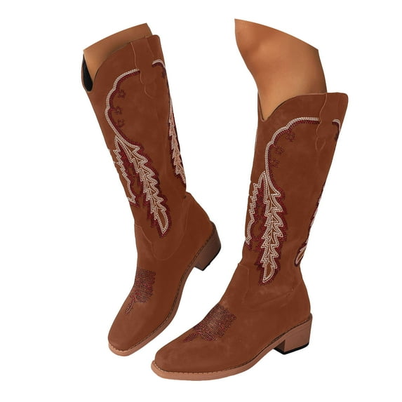 Leozcaa Cowboy Boots For Women Knee High Western Cowgirl Boots Snip Toe Side Zipper Chunky Heel Long Boots
