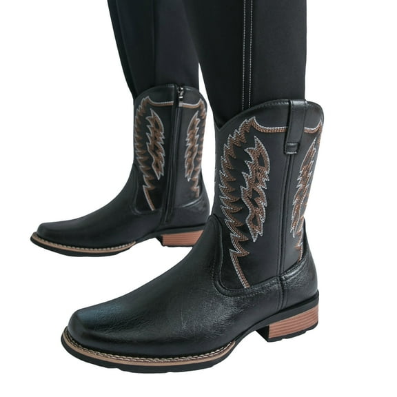 Leozcaa Cowboy Boots for Men Mid Calf Boots Western Classic Embroidered Square Toe Ankle Short Boots