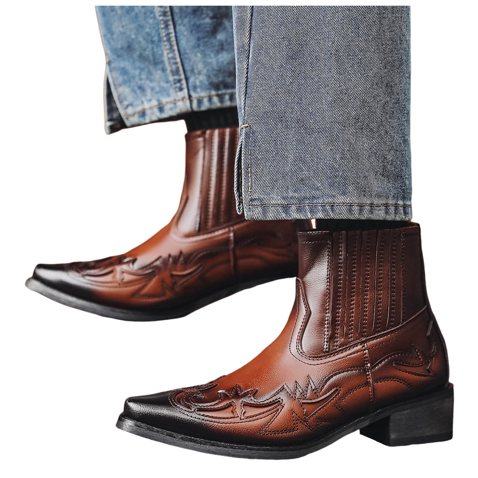 靴 UND SQUARE TOE SHORT BOOTS Leozcaa Cowboy Boots for Men Square Toe Ankle Boots Western