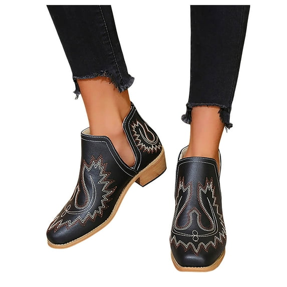 Leozcaa Cowboy Boots for Women Cowgirl Ankle Western Embroidered Stitched Cutout Chunky Heels Short Booties