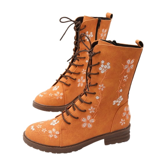 Leozcaa Cowboy Boots for Women Cowgirl Western Boots Embroidery Flower Chunky Heel Mid Calf Boots