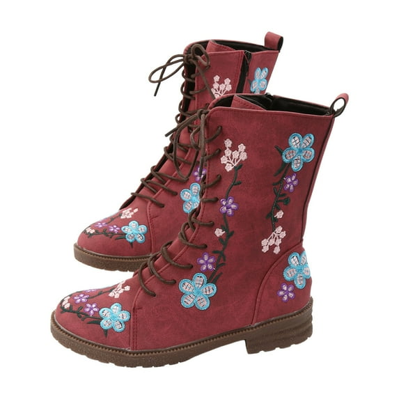 Leozcaa Cowboy Boots for Women Cowgirl Western Boots Embroidery Flower Chunky Heel Mid Calf Boots