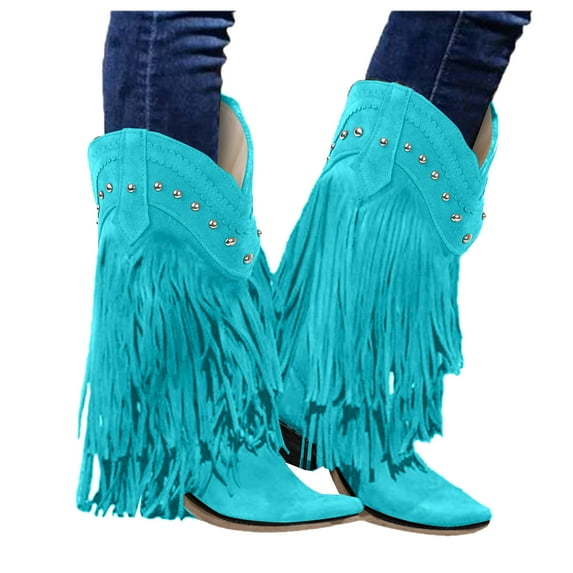Leozcaa Cowboy Boots for Women Fringe Knee High Pointed Toe Pull on Cowgirl Boots Classic Embroidery
