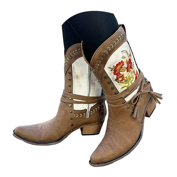 Leozcaa Cowboy Boots for Women Mid Calf Cowgirl Boots Flower Embroidery Pointed Toe Western Low Heel Booties
