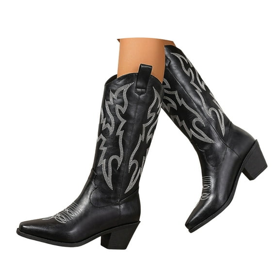 Leozcaa Cowboy Boots for Women Western Boots Cowgirl Boots Pull On Pointy Toe Leather Mid Calf Boots