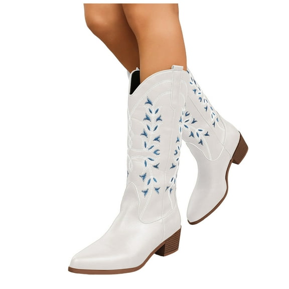 Leozcaa Cowboy Boots for Women Western Cowgirl Boots Mid Calf Snip Toe Boot Chunky Heel Knee High Boots