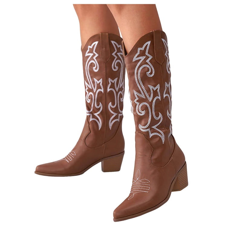 Women's Western Cowboy Boots – Knee High, Wide Calf, Pointed Toe, Chunky Low Heel