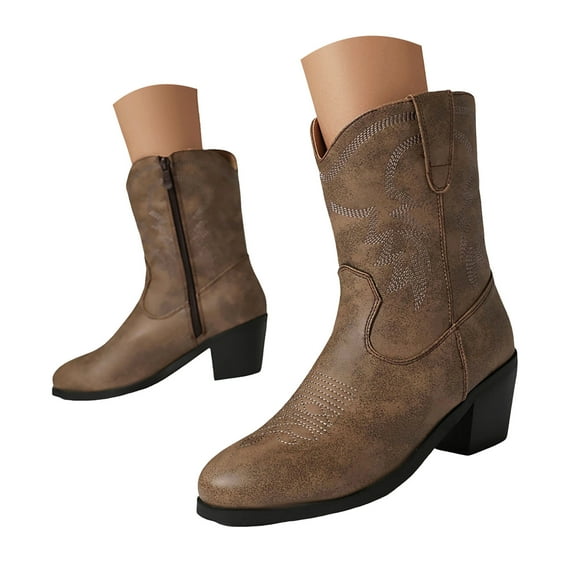 Women's Cowboy Cowgirl Western Boots Embroidered Stitched Ankle Boots Chunky Heel Fashion Short Booties
