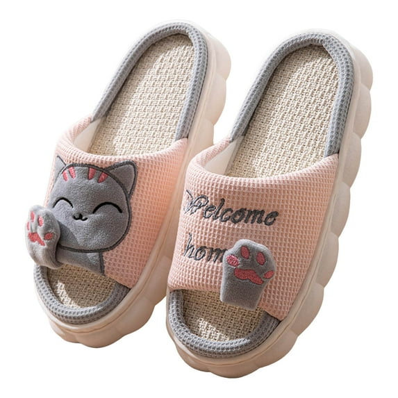 Leozcaa Cute Animal Cat Slippers Womens All Seasons Home Linen Slippers Indoor and Outdoor Slides Sandals