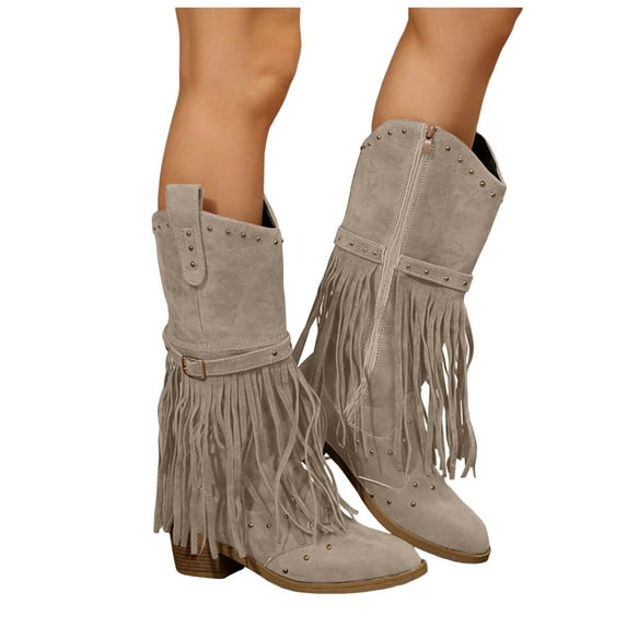 Leozcaa Fringe Cowboy Boots for Women Mid Calf Cowgirl Boots Pointed Toe Chunky Heel Tassel Fall Booties