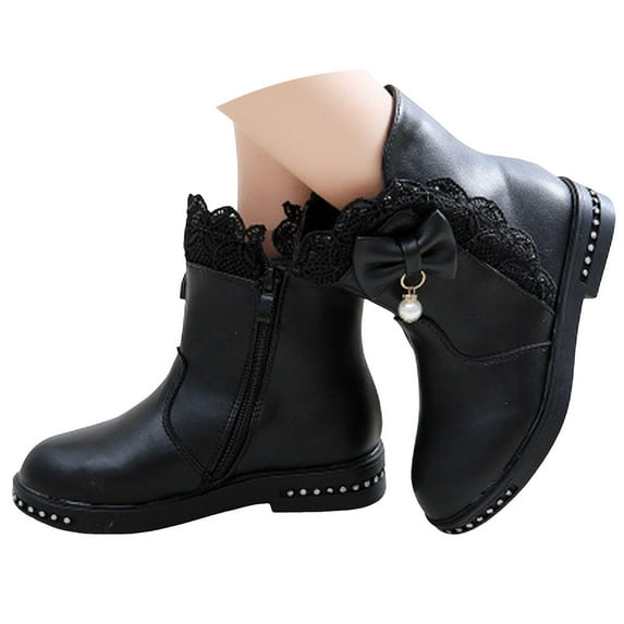 Leozcaa Girls Kids Ankle Boots Side Zipper Bow Booties Fashion Short PU Leather Low Heels Short Booties