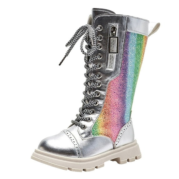 Leozcaa Girls Riding Boots Knee High Boots Shoes Side Zipper Velvet Colorful Leather Lace up Combat Boots