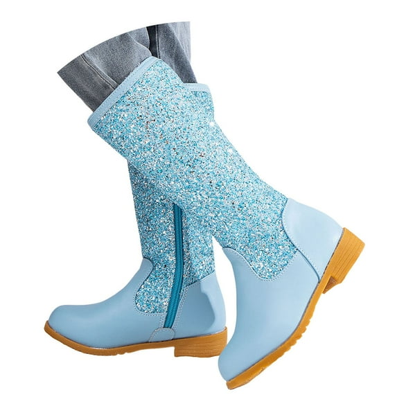 Leozcaa Glitter Girls Cowgirl Boots Sparkly Cowboy Dress Boots Round Toe Winter Kids Mid Calf Booties