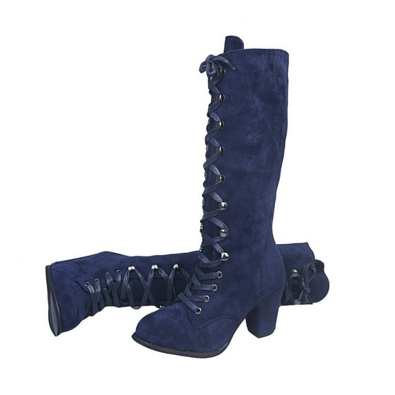 Leozcaa Gothic Boots for Women Lace Up Mid Calf Boots Round Toe Chunky Block Heel Halloween Vintage Boot