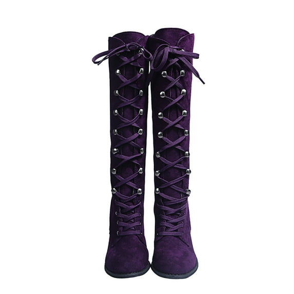 Leozcaa Gothic Boots for Women Lace Up Mid Calf Boots Round Toe Chunky Block Heel Halloween Vintage Boot