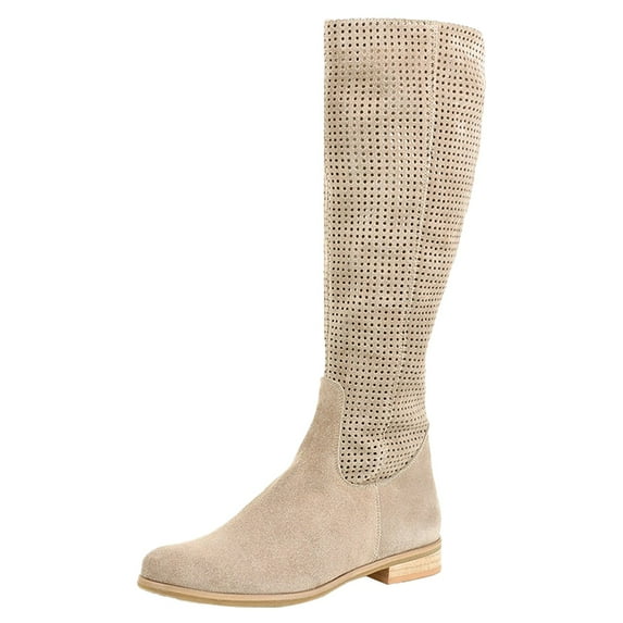 Leozcaa Knee High Boots Women Elastic Boots Low Heel Round Toe Side Zipper Fall Long Tall Boots for Women