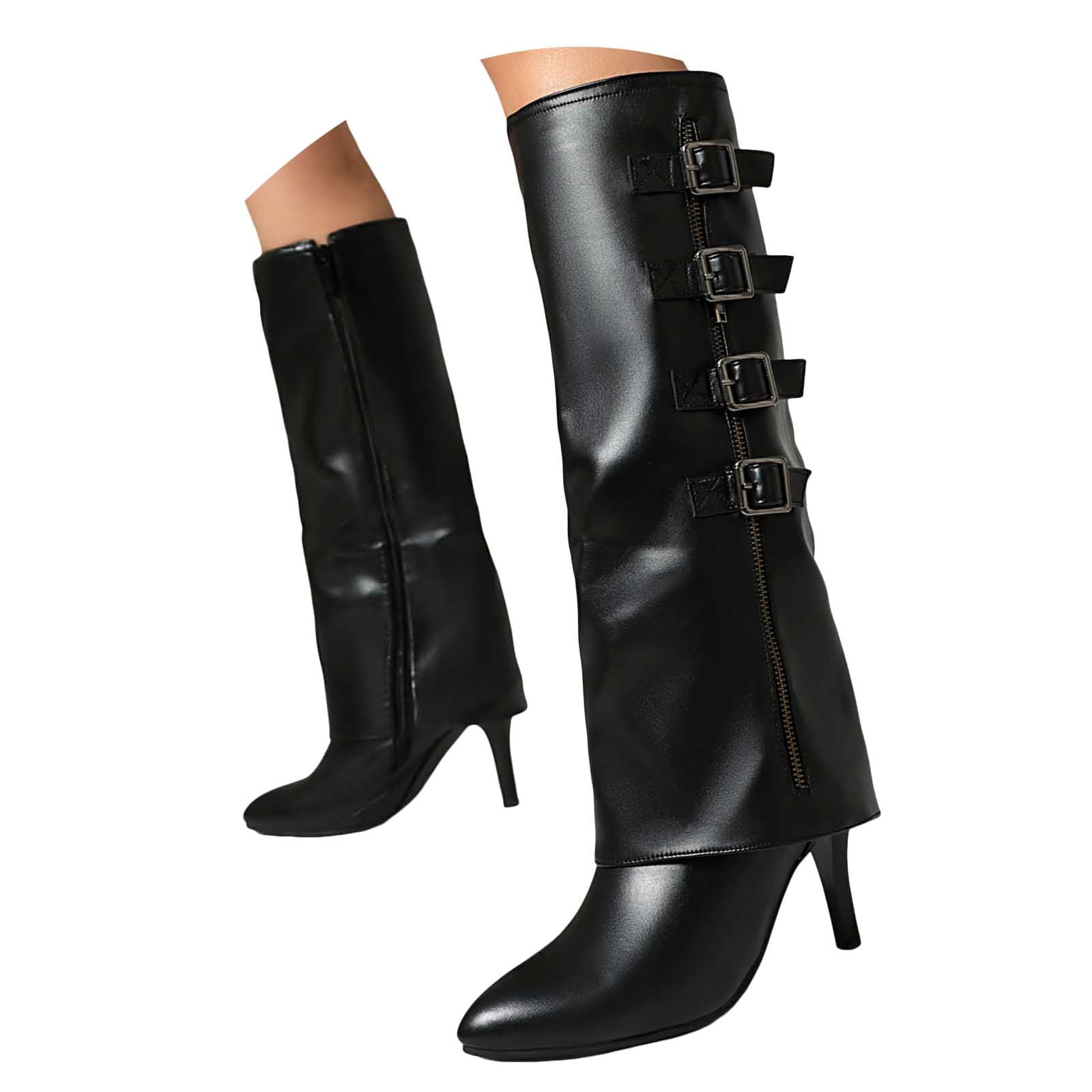 Leozcaa Knee High Boots Women Fold Over Boots Pointed Toe Stiletto Heel ...