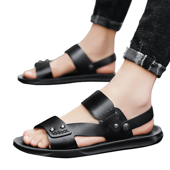 Leozcaa Men's Summer Beach Leather Sandals Footwear Criss Cross Pu Leather Slide Slippers Non-Slip Black