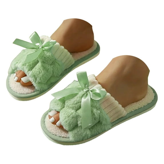Plush Slippers for Women Warm Memory Foam Comfy House Slippers with Anti-Skid Rubber Sole for Indoor and Outdoor Green Size 7