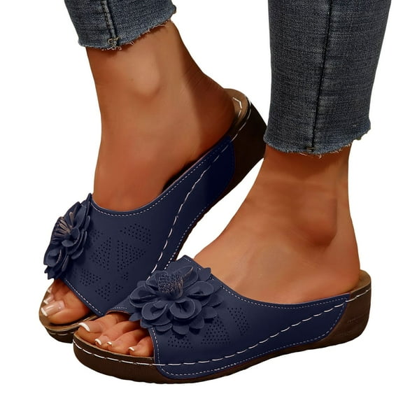 Leozcaa Orthopedic Wedge Sandals for Women Summer Dressy Flowers Open Toe Platform Casual Slip on Shoes