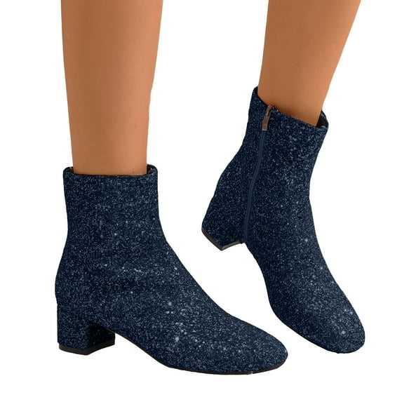 Leozcaa Rhinestone Ankle Boots for Women Chunky Block Heeled Sparkly Platform Short Booties Glitter Shoes