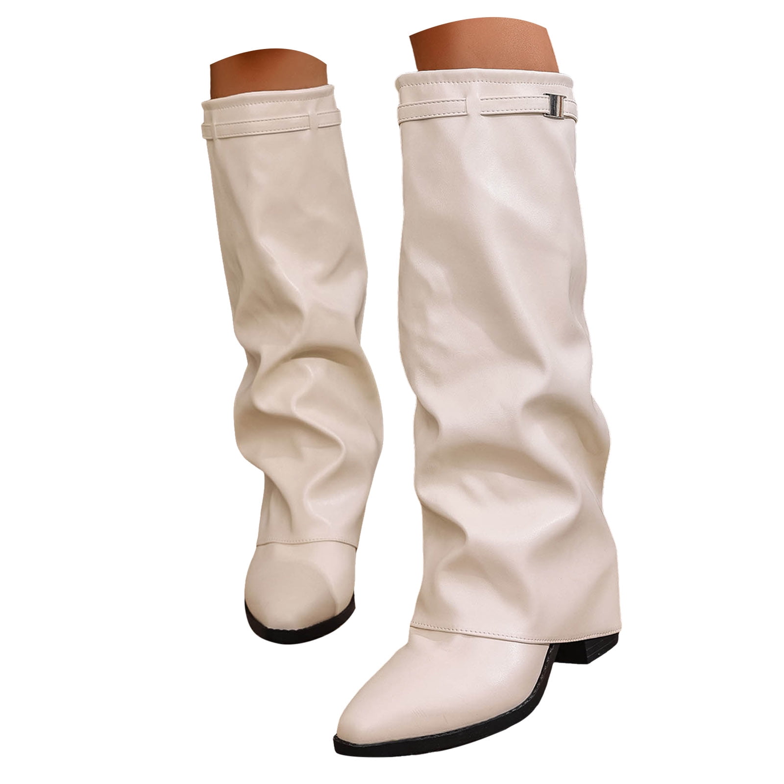 Leozcaa Slouched Fold Over Boots for Women Leather Knee High Boots