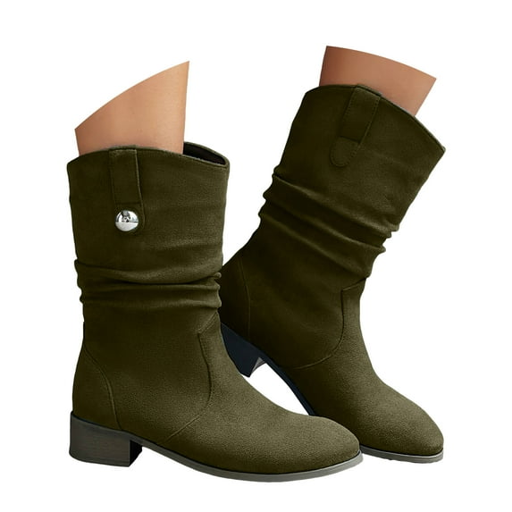 Leozcaa Slouchy Mid Calf Flat Boots for Women Pull On Round Toe Side Zip Fall Winter Fashion Comfort Boots