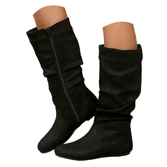 Leozcaa Suede Knee-High Boots Fall Boot for Women Chunky High Heel Slouch Round Toe Side Zipper Booties