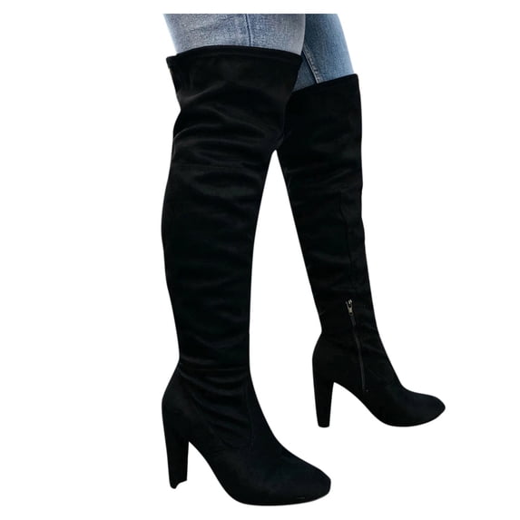 Leozcaa Thigh High Block Heel Boot Women Pointed Toe Stretch Over The Knee Boots Long Heels Boots