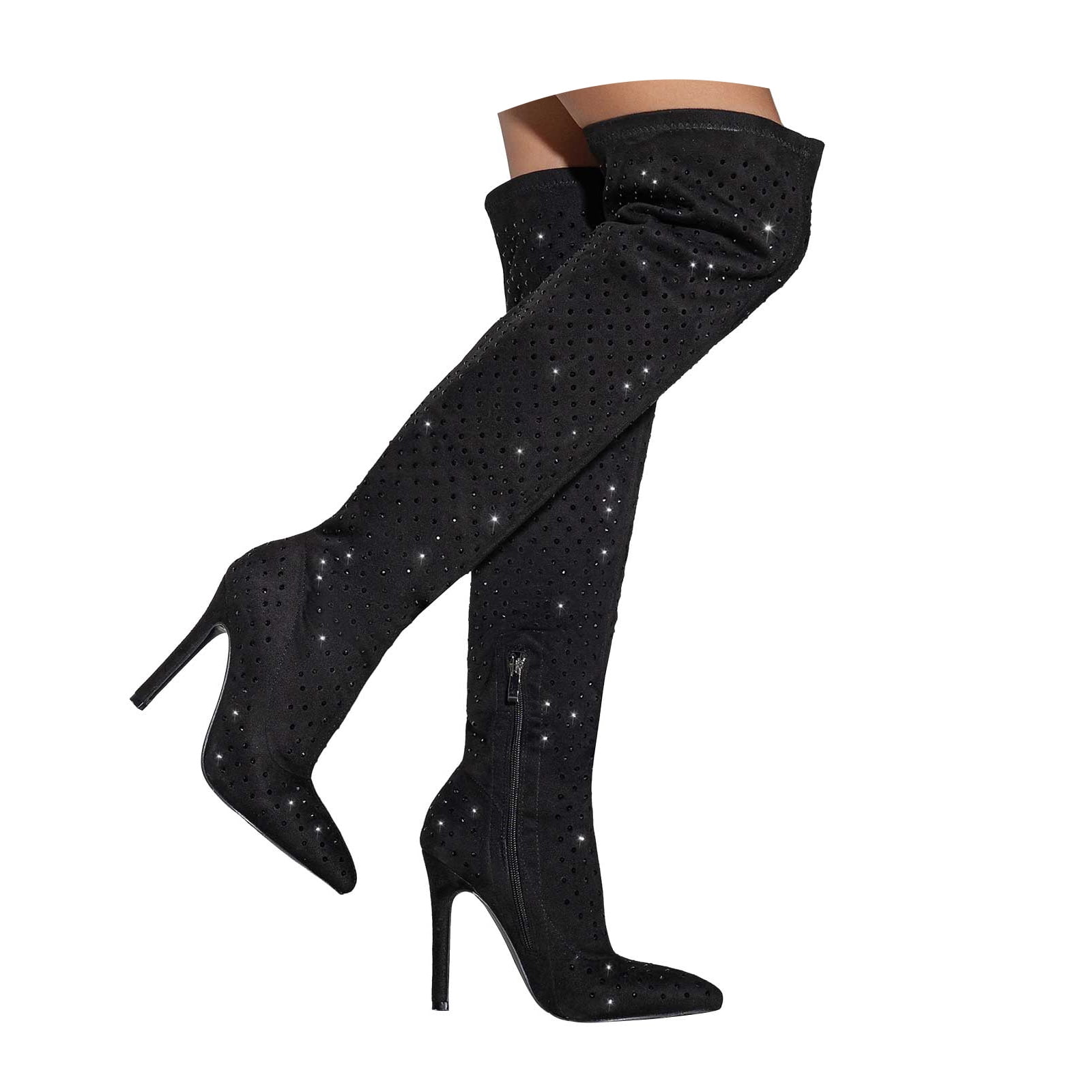Leozcaa Thigh High Boots for Women Over The Knee Rhinestone Pointed Toe ...