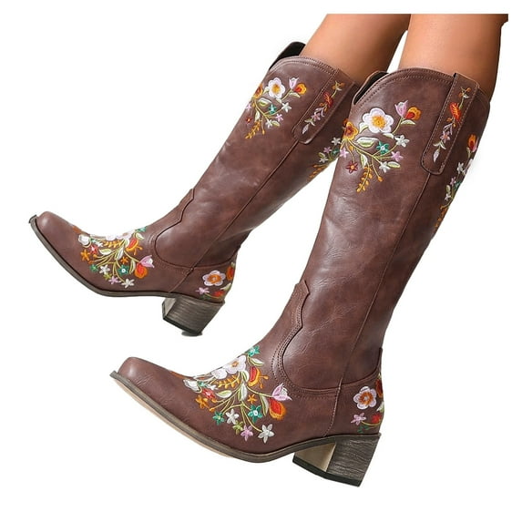 Leozcaa Western Cowboy Boots for Women Knee High Cowgirl Boots with Classic Embroidered Pull On Tall Boot
