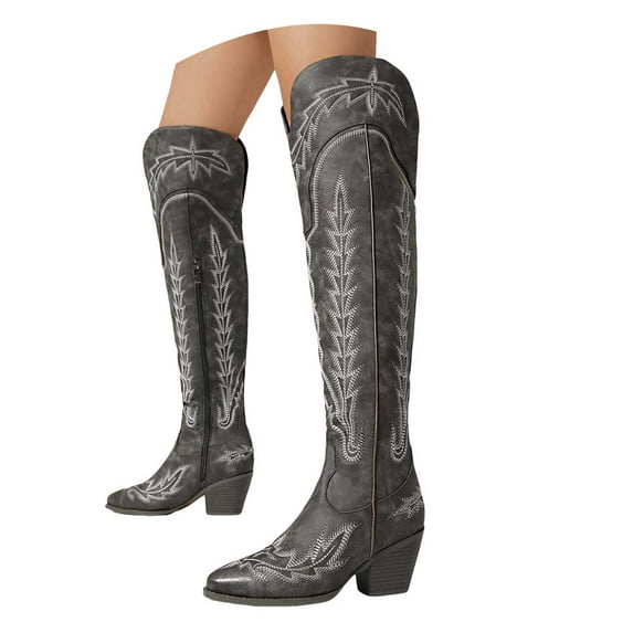 Leozcaa Western Cowboy Boots for Women Over the Knee Booties Pointed Toe Adjustable Thigh High Cowgirl Boots