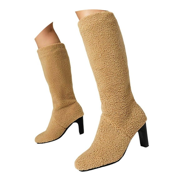 Leozcaa Winter Boots for Women Comfortable Slip On Mid Heel Suede Fleece Snow Mid Calf Boots Outdoor Shoes