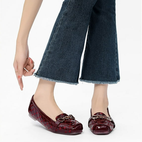 Leozcaa Women Classic Penny Loafers Closed Square Toe Patent Low Heel Loafers Slip On Metal Buckle