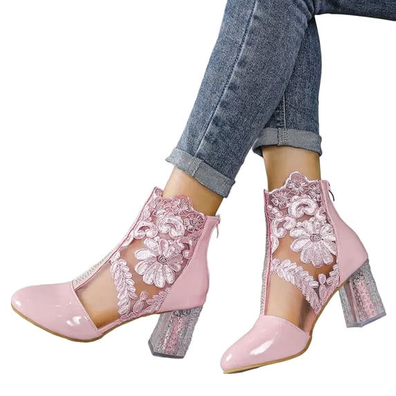 Leozcaa Women Closed Toe Wedding Shoes for Bride Chunky Heel Lace Up Satin Lace Wedding Bridal Boots
