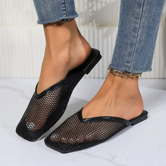 Leozcaa Women Flat Sandals Mesh Hollow Braided Summer Breathable Dressy Slides Square Toe Slip-On Shoe