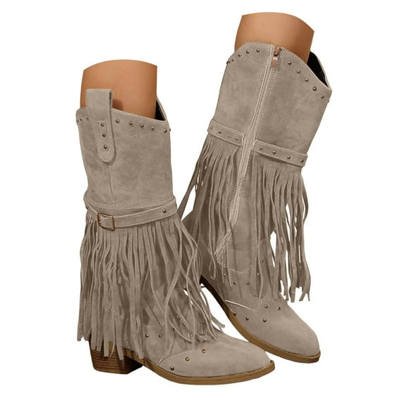 Leozcaa Women Fringe Cowboy Boots Mid Calf Embroidered Western Boots Tassel Cowgirl Stacked Heel Boots