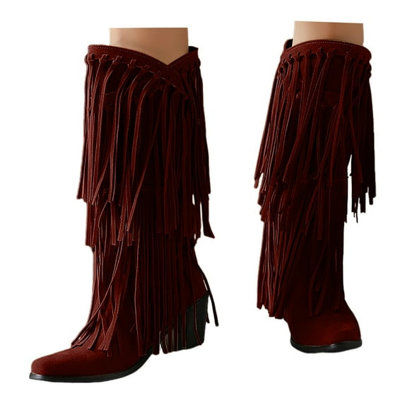 Leozcaa Women Fringe Cowboy Boots Pointed Toe Mid Calf Boots Tassel Cowgirl Boots Stacked Heel Retro Boots