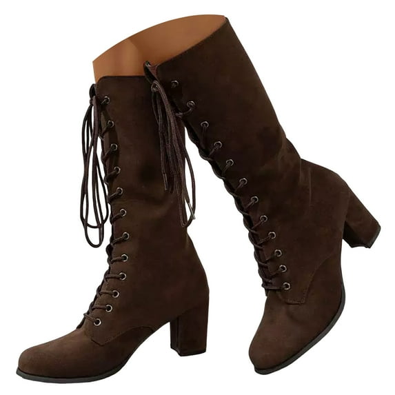 Leozcaa Women Medieval Vintage Chunky Heel Boots Fall Winter Suede Lace Up Fashion Winter Mid Calf Boot