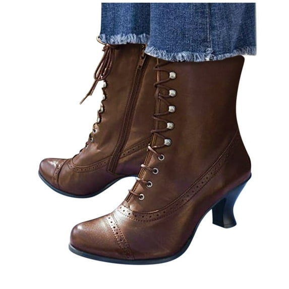 Leozcaa Women Mid Calf Booties Vintage Victorian 70s Lace up Ankle Boots Winter Mid Heel Witch Granny Booties Shoes