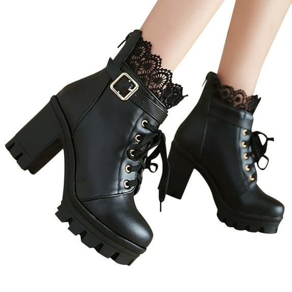 Leozcaa Women Platform Boots Lace Up Chunky Heel Ankle Boots with Bow Cosplay Winter Shoes Combat Boots