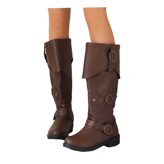 Leozcaa Women Slouchy Knee High Boots Round Toe Pull On Riding Biker Boots Fold Over Chunky Low Heel Boot