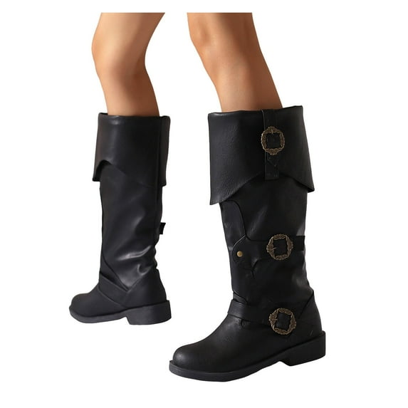 Leozcaa Women Slouchy Knee High Boots Round Toe Pull On Riding Biker Boots Fold Over Chunky Low Heel Boot