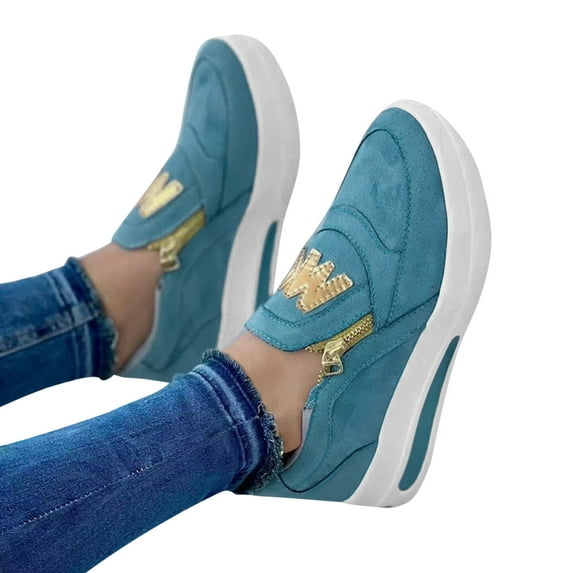Leozcaa Women Suede Slip on Shoes Breathable Fashion Sneakers Comfortable Side Zipper Platform Casual Shoes