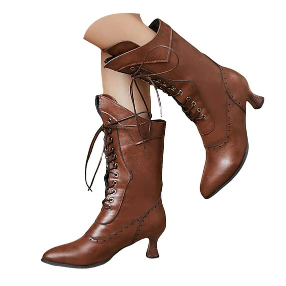 Leozcaa Women Vintage Victorian Boots 70s Lace up Ankle Boots Mid Heel Witch Granny Booties Shoes Zipper