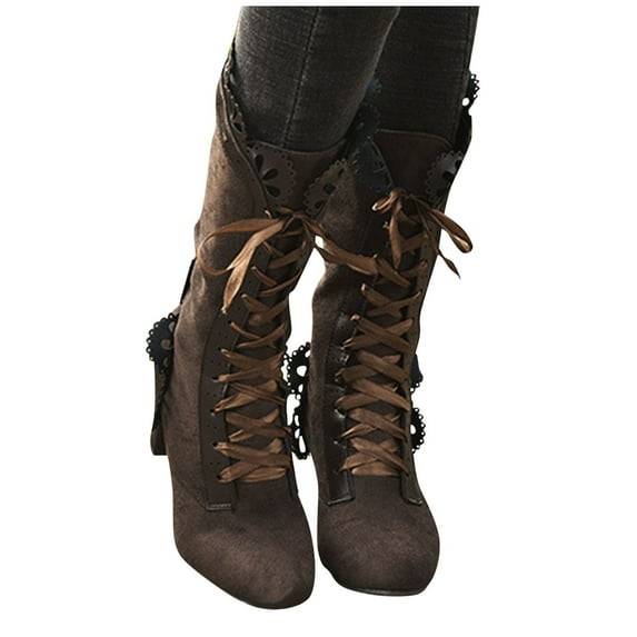 Leozcaa Women Vintage Victorian Boots Lace Bridal Brides Wedding Boots Mid Calf Zipper Mid Heel Dress Boots