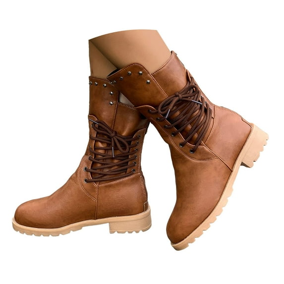 Leozcaa Women's Ankle Booties Side Zipper Motorcycle Boots Round Toe Chunky Low Heel Riding Boots Brown