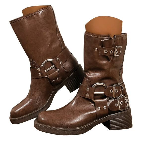 Leozcaa Women's Ankle Boots Buckles Motorcycle Riding Biker Boots Low Chunky Heel Fall Booties Shoes